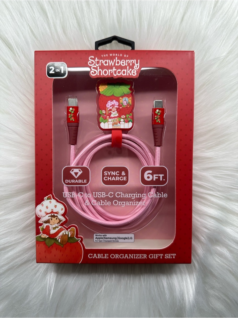 Strawberry Shortcake 6FT Pink USB-C to USB-C Charging Cable with Cable Organizer